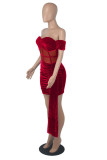 Red Sexy Patchwork Solid See-through Backless Off the Shoulder Short Sleeve Dress