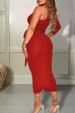 Red Sexy Solid Patchwork Oblique Collar One Step Skirt Dresses