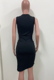 Black Fashion Sexy Patchwork Hot Drilling Hollowed Out Asymmetrical O Neck Pencil Dresses