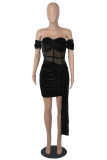 Red Sexy Patchwork Solid See-through Backless Off the Shoulder Short Sleeve Dress