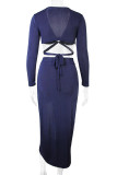 Navy Blue Fashion Sexy Solid Hollowed Out Slit V Neck Long Sleeve Two Pieces