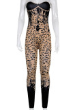 Brown Sexy Print Patchwork Strapless Regular Jumpsuits