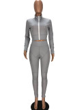 Grey Casual Solid Split Joint Zipper Zipper Collar Long Sleeve Two Pieces