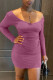 Pink Purple Fashion Sexy Solid Basic V Neck Long Sleeve Dresses