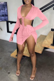 Pink Sexy Casual Solid Bandage Slit V Neck Long Sleeve Two Pieces