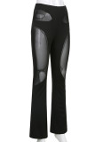 Black Sexy Solid Patchwork See-through Regular High Waist Pencil Patchwork Bottoms