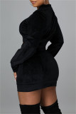 Black Fashion Sexy Solid Patchwork Zipper Collar Long Sleeve Two Pieces