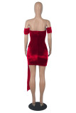 Red Sexy Patchwork Solid See-through Backless Off the Shoulder Short Sleeve Dress