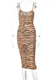 Brownness Fashion Sexy Print Backless Spaghetti Strap Sleeveless Dress