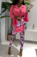 Rose Red Sexy Casual Print Slit Turndown Collar Long Sleeve Two Pieces