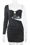 Black Fashion Sexy Solid Hollowed Out One Shoulder Long Sleeve Dresses