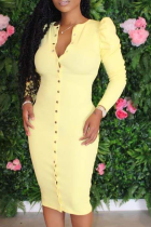 Yellow Sexy Solid Buckle O Neck Pencil Skirt Dresses