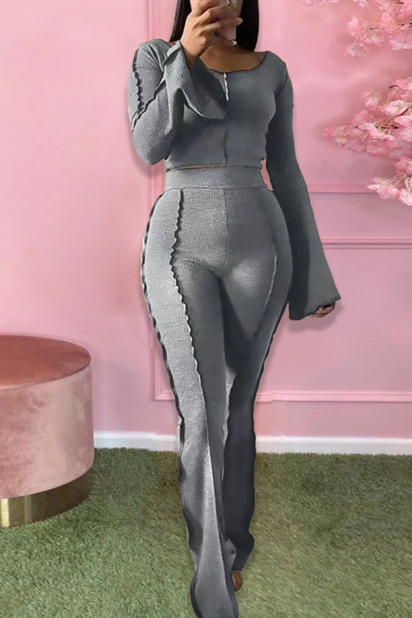 Grey Fashion Casual Solid Split Joint O Neck Long Sleeve Two Pieces