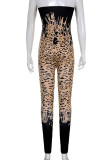 Brown Sexy Print Patchwork Strapless Regular Jumpsuits