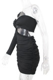Black Fashion Sexy Solid Hollowed Out One Shoulder Long Sleeve Dresses