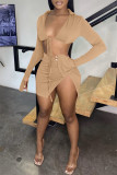Khaki Sexy Casual Solid Bandage Slit V Neck Long Sleeve Two Pieces