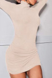 Beige Fashion Casual Solid Basic Turtleneck Long Sleeve Dresses
