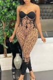 Brown Sexy Print Patchwork Strapless Regular Jumpsuits