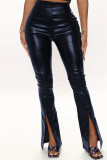 Navy Blue Fashion Casual Solid Slit Skinny High Waist Trousers