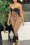 Brown Sexy Print Patchwork Strapless Regular Jumpsuits