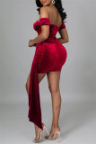 Red Sexy Patchwork Solid See-through Backless Off the Shoulder Short Sleeve Dress