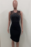 Black Fashion Sexy Patchwork Hot Drilling Hollowed Out Asymmetrical O Neck Pencil Dresses