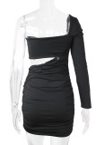 Black Fashion Sexy Solid Hollowed Out One Shoulder Long Sleeve Dresses