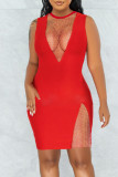 Red Sexy Solid Patchwork See-through O Neck One Step Skirt Dresses