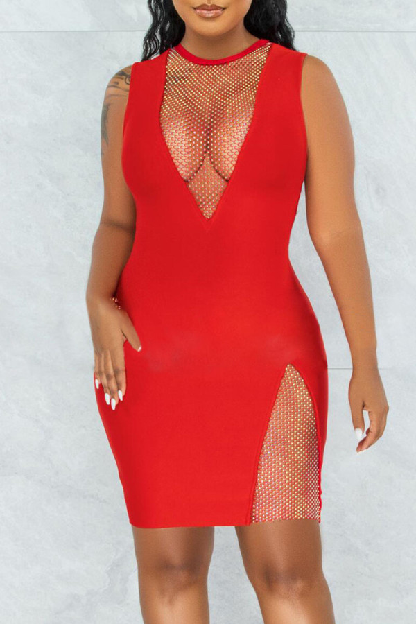Red Sexy Solid Patchwork See-through O Neck One Step Skirt Dresses