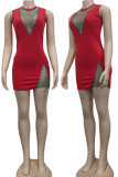Red Sexy Solid Patchwork See-through O Neck One Step Skirt Dresses