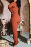 Brown Fashion Casual Solid Basic V Neck Long Sleeve Two Pieces