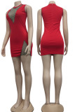Red Sexy Solid Patchwork See-through O Neck One Step Skirt Dresses