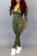 Army Green Fashion Sportswear Print Patchwork Hooded Collar Long Sleeve Two Pieces