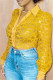 Yellow Fashion Sexy Patchwork See-through Turndown Collar Tops