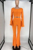 Orange Fashion Casual Solid Split Joint O Neck Long Sleeve Two Pieces