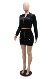 Black Fashion Sexy Solid Patchwork Zipper Collar Long Sleeve Two Pieces