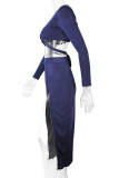 Navy Blue Fashion Sexy Solid Hollowed Out Slit V Neck Long Sleeve Two Pieces