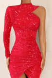 Red Fashion Sexy Patchwork Fold Half A Turtleneck Long Sleeve Dresses