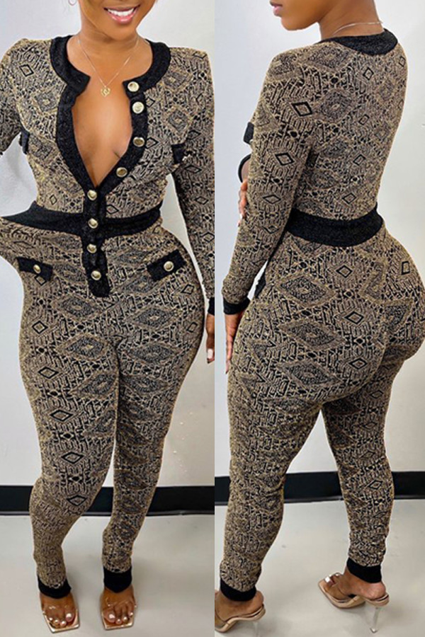 Multicolor Fashion Casual Print Patchwork V Neck Skinny Jumpsuits