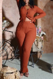 Brown Fashion Casual Solid Basic V Neck Long Sleeve Two Pieces