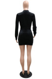 Black Fashion Sexy Solid Patchwork Zipper Collar Long Sleeve Two Pieces