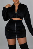 Black Fashion Sexy Solid Patchwork Zipper Collar Long Sleeve Two Pieces