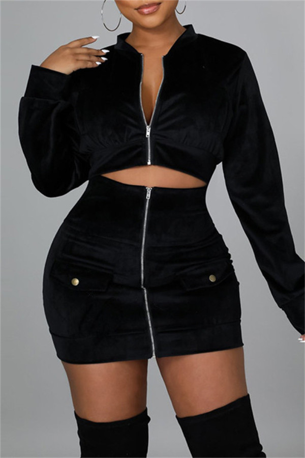Black Fashion Sexy Solid Patchwork Zipper Collar Long Sleeve Two Pieces