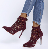 Wine Red Casual Street Rivets Hollowed Out Pointed Out Door Shoes