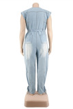 Dark Blue Fashion Casual Solid Patchwork O Neck Plus Size Jumpsuits