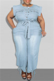 Light Blue Fashion Casual Solid Patchwork O Neck Plus Size Jumpsuits