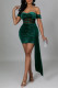 Green Sexy Patchwork Solid See-through Backless Off the Shoulder Short Sleeve Dress