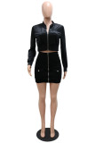 Black Fashion Sexy Solid Patchwork Zipper Collar Long Sleeve Two Pieces