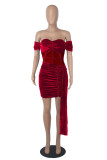 Red Sexy Patchwork Solid See-through Backless Off the Shoulder Short Sleeve Dress