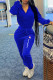 Blue Fashion Street Print Draw String Mandarin Collar Jumpsuits